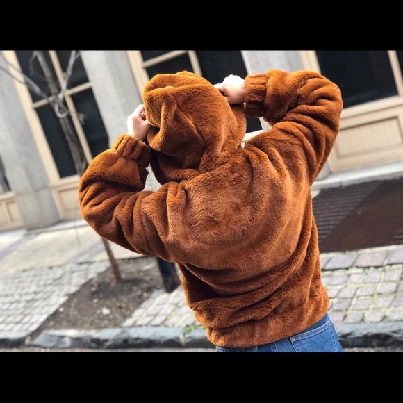 Last 1✨Caramel Brown Hoody Faux Fur Bomber Jacket - Picture 8 of 8